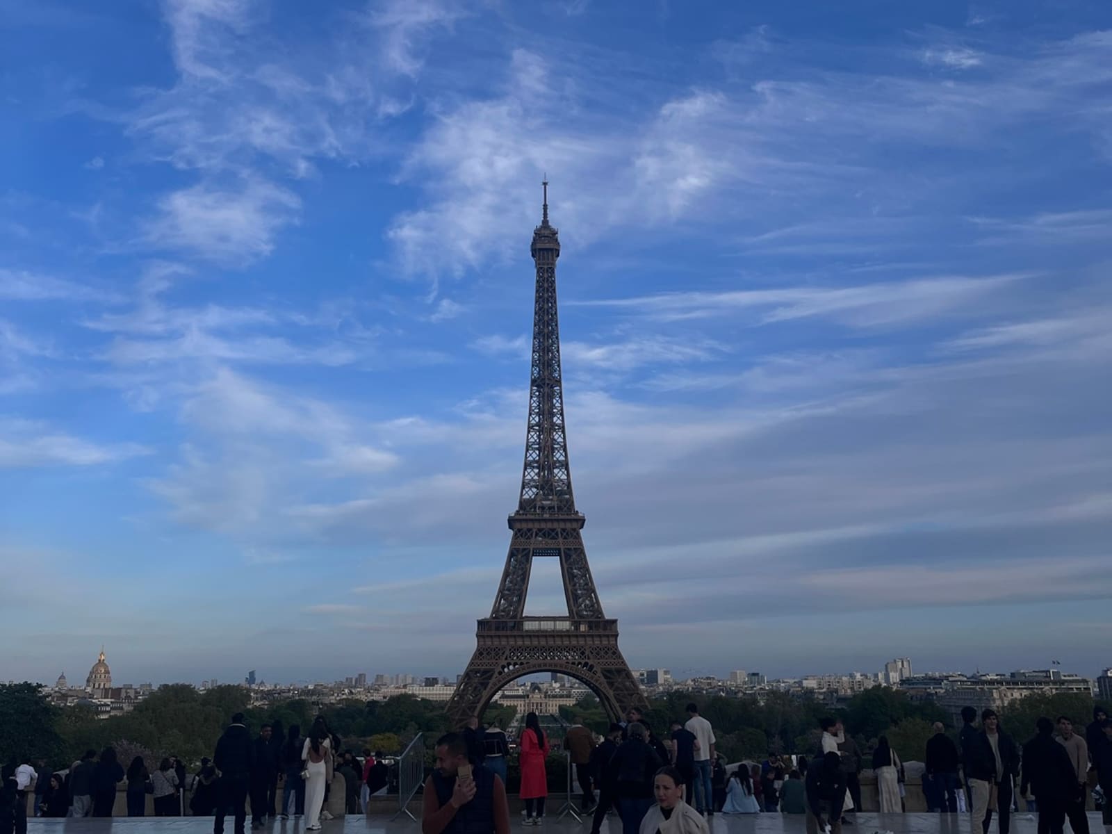 Eiffel Tower seen from Trocadero with a wide sky over Paris